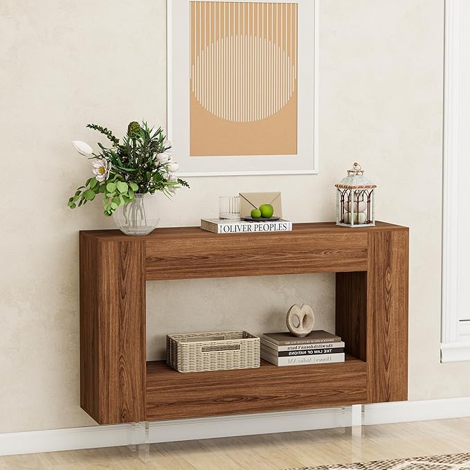 Narrow Console Table with Hidden Side Storage Cabinets, Adjustable Shelves, Farmhouse Entryway Sofa Table for Behind The Couch, Living Room, Hallway, Walnut