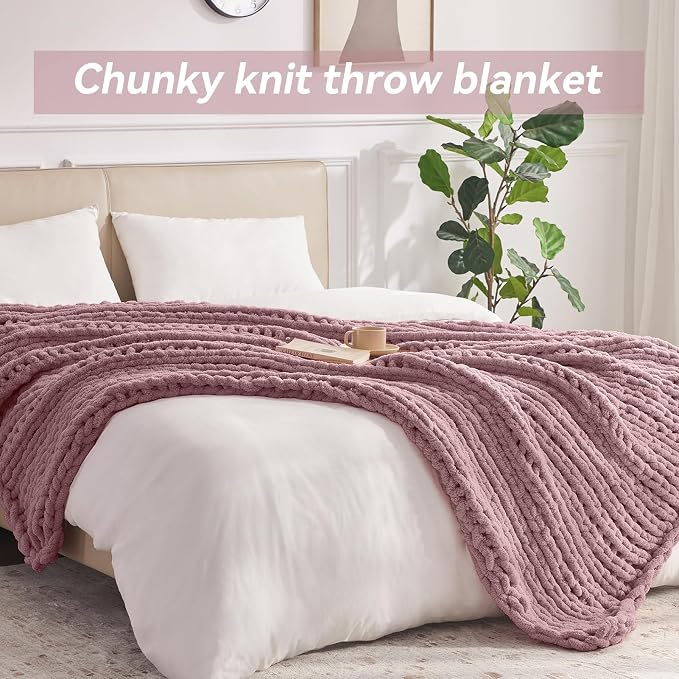 Negwoo Chunky Knit Throw Blanket, 80''*90'' Knitted Throw Chenille Yarn for Bed Couch, Handmade Muted Pink Crochet Big Thick Blanket, Machine Washable Cute Comfy Blanket for Home Decor