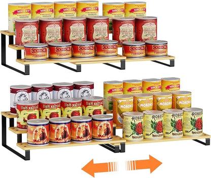 Expandable Bamboo & Iron Can Organizer, 3-Tier Adjustable Pantry Can Rack, Kitchen Cabinet Food Storage Shelf, Easy Access Canned Goods Soda Soup Can Holder, Hold Up to 30 Cans, Black