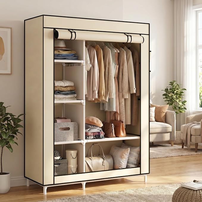 Calmootey Portable Closet Organizers, Clothing Storage, Wardrobe with 6 Shelves and Hanging Rod, Non-Woven Fabric Cover with 4 Side Pockets, Beige