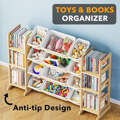 SpaceAid Toy Storage Organizer with 6 Shelves and 12 Bins, Bookshelf/Bookcase, Kids Bin Shelf, Toys Box for Playroom Organization for Bedroom & Room Decor, White, 52.3" W