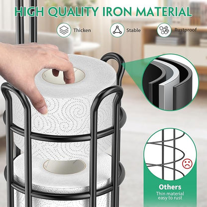 TomCare Toilet Paper Holder Stand with Shelf Free Standing Toilet Paper Roll Holder with Toilet Paper Dispenser Sturdy Metal Tissue Holder Storage Shelf for Bathroom Black