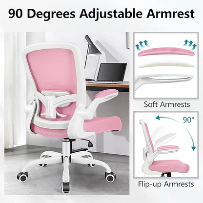 FelixKing Office Chair, Ergonomic Desk Chair Breathable Mesh Chairs Adjustable High Back Lumbar Support Flip-up Armrests, Executive Rolling Swivel Comfy Computer Chairs Home Office Pink