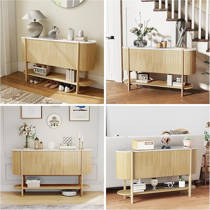 Console Table with Storage, Fluted Entryway Table with 2 Doors and Open Shelf, Long Sofa Table Behind Couch for Living Room, Hallway (Natural)