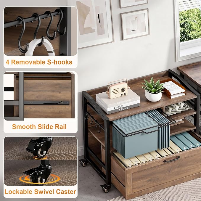 LVB Wood Lateral File Cabinet with Drawers, Rolling Filing Cabinet Under Desk for Home Office, Printer Stand with Storage Shelf,Hanging File Organizer for Legal/Letter Size, Rustic Oak, 33Inch