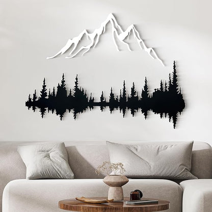 Wita Home Mountain and Forest Metal Wall Art, Wall Mounted Nature Home Decor, Pine Trees with Lake Reflection Wall Art for Living Room, Bedroom or Office, Large Outdoor Wall Decor, Nature Christmas Decor (White Mountain-Black Forest, 18x12 inches)