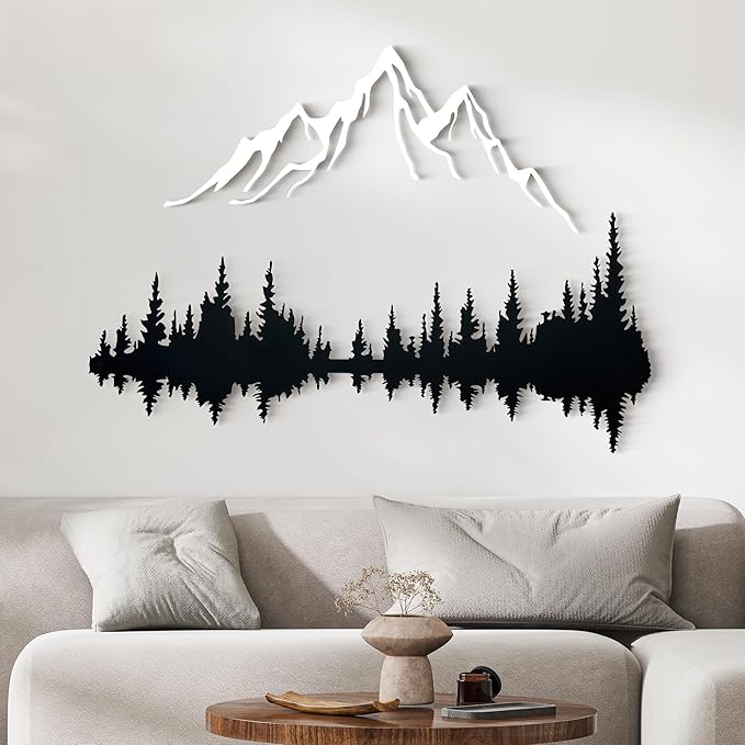 Wita Home Mountain and Forest Metal Wall Art, Wall Mounted Home Decor, Pine Trees and Nature Wall Art for Living Room, Bedroom or Office, Large Outdoor Wall Decor, Nature Christmas Decor (White Mountain-Black Forest, 32x21 inches)