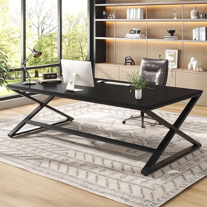 IBF Black Desk, Large Home Office Work Desk, 78.7” Long Computer Desks, Simple Wide Study Writing Desk, Wood Metal Double PC Executive Workstation Gaming Desk Computer Table for Bedroom, Black Oak