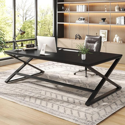 IBF Black Desk, Large Home Office Work Desk, 78.7” Long Computer Desks, Simple Wide Study Writing Desk, Wood Metal Double PC Executive Workstation Gaming Desk Computer Table for Bedroom, Black Oak