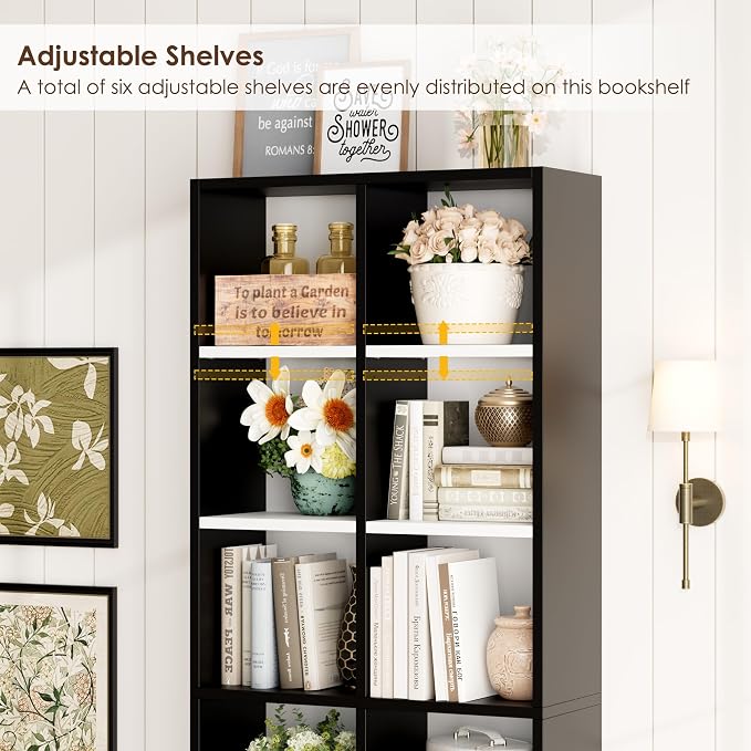 FOTOSOK 2Pcs 71'' Tall Narrow Bookshelf with 14 Cubes, 7 Tier Double Wide Bookshelf with 6 Adjustable Shelves, 19.6" Narrow DVD/CD Media Storage Shelf, Space Saving Display Shelf Cabinet, White/Black