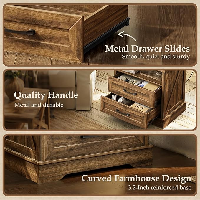 AODK 24 Inch Farmhouse Nightstand with Charging Station, Large Bedside Table with 2 Drawers, Rustic Wood End Table with Outlet and USB for Bedroom, Light Walnut