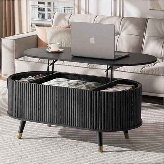 JOINICE 42.5" Oval Lift Top Coffee Table with Storage,Modern Black Center Table with Fluted Design, Solid Wood Legs & Hidden Compartment, Pop Up Coffee Table for Living Roomm