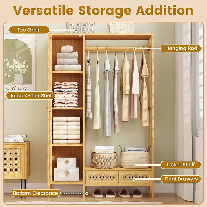 Giantex Bamboo Clothes Rack with Shelves, Freestanding Garment Rack w/Rattan Door, Hanging Rod, Storage Shelf, 2 Drawers, 7-Tier Heavy Duty Wardrobe Closet Organizer w/Cabinet for Entryway Bedroom