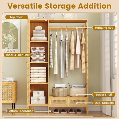 Giantex Bamboo Clothes Rack with Shelves, Freestanding Garment Rack w/Rattan Door, Hanging Rod, Storage Shelf, 2 Drawers, 7-Tier Heavy Duty Wardrobe Closet Organizer w/Cabinet for Entryway Bedroom