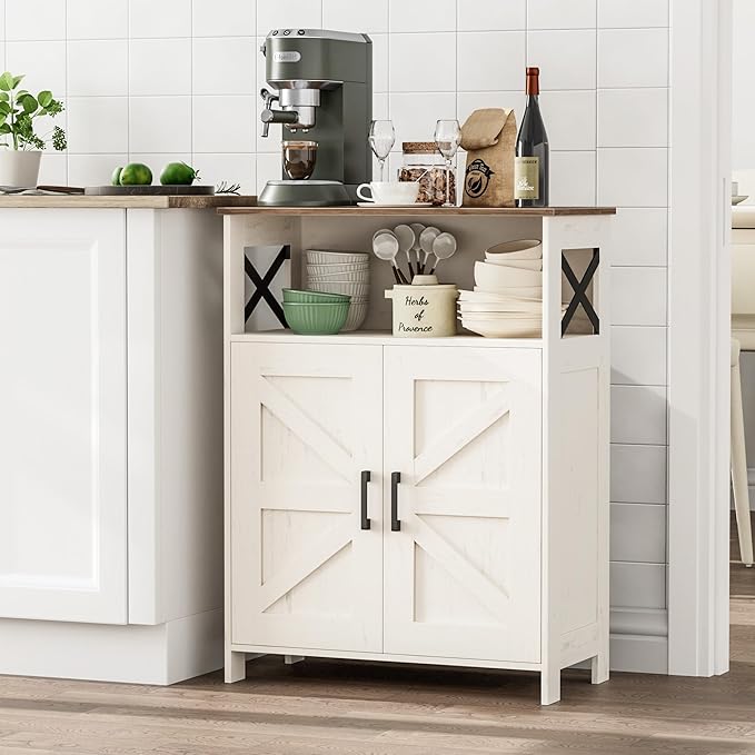 Homhedy Farmhouse Bathroom Storage Cabinet with 2 Doors, Toilet Paper Cabinet with Adjustable Shelf, Small Bathroom Cabinet for Laundry/Living Room, 11.8 x 23.6 x 31.5 Inches, Rustic White and Brown