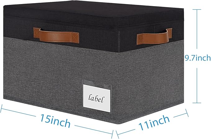 PFFVRP Large Storage Bins with Lids, Foldable Fabric Storage Baskets with Lids, Sturdy Storage Boxes with Labels and 3 PU Handles for Closet Home Bedroom Office (26L, 3 Packs, Grey&Black)