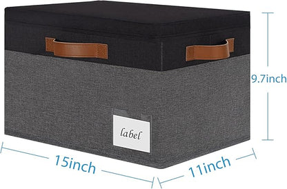 PFFVRP Large Storage Bins with Lids, Foldable Fabric Storage Baskets with Lids, Sturdy Storage Boxes with Labels and 3 PU Handles for Closet Home Bedroom Office (26L, 3 Packs, Grey&Black)