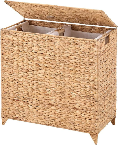 Large Laundry Hamper with Lid, Handwoven Natural Water Hyacinth Heightened Feet Laundry Basket, 2-Sections Wicker Clothes Hamper with Removable Liner Bag (Natural, 120L)