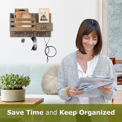 Key Holder Wall Mount, Wooden Adhesive Mail and Key Organizer with Drawer, Small Shelf, 8 Hooks, 2 Installation Methods, Brown