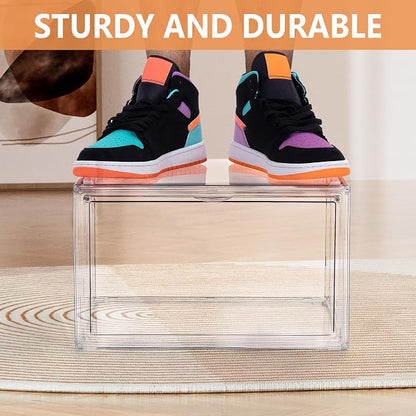 BVBOX Acrylic Shoe Storage Boxes with Magnetic Door - 360° Clear Stackable Shoe Display Box Set, Plastic Shoe Cabinet Rack Box for Sneakers Heels Shoes (1, Clear, XL - Side Open)