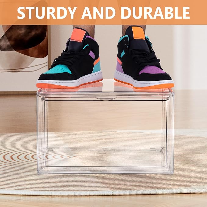BVBOX 12 Pack Acrylic Shoe Storage Boxes with Magnetic Door - 360° Clear Stackable Shoe Display Box Set, Plastic Shoe Cabinet Rack Box for Sneakers Heels Shoes (12, Clear, XL - Side Open)