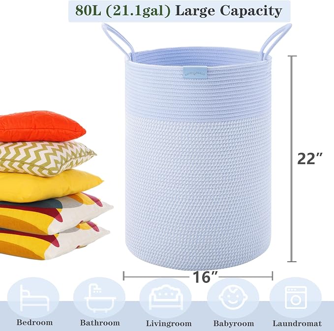 80L Extra Large Blue Laundry Hamper Basket, Tall Woven Hamper for Bedroom, Cotton Rope Laundry Basket for Clothes, 16x22 Inches