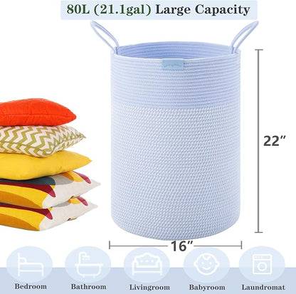 80L Extra Large Blue Laundry Hamper Basket, Tall Woven Hamper for Bedroom, Cotton Rope Laundry Basket for Clothes, 16x22 Inches