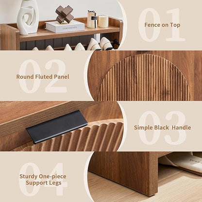 Shoe Cabinet Storage for Entryway with 2 Flip Drawers, Narrow Shoe Organizer Cabinet with Round Fluted Panel, Small Freestanding Hidden Wood Slim Shoe Rack for Foyer, Hallway, Walnut