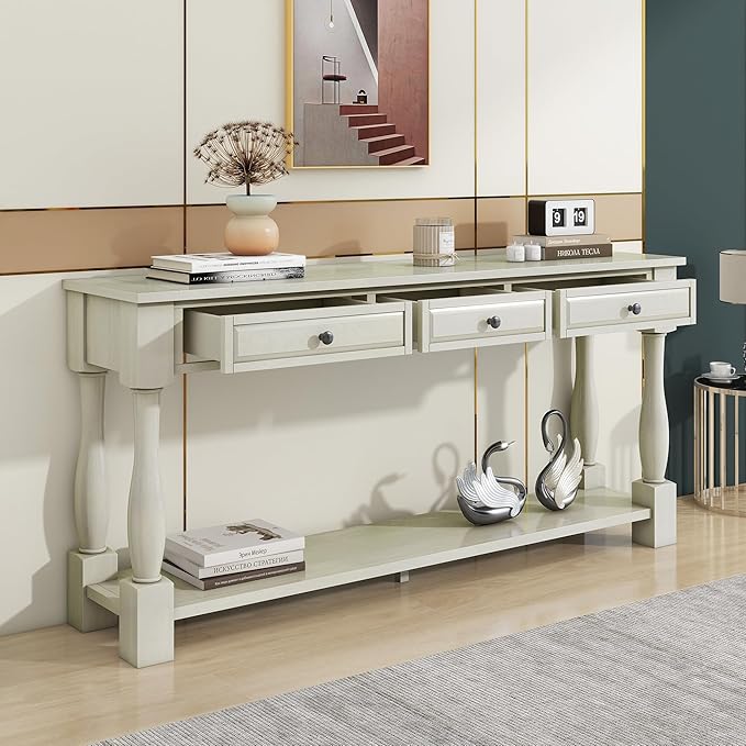 Knocbel 64 Inch Long Antique Entry Console Table with Drawers & Bottom Open Shelf, Solid Wood Sofa Couch Table for Entryway Hallway Living Room (Antique White)