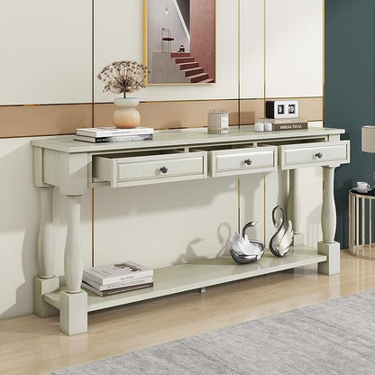 Knocbel 64 Inch Long Antique Entry Console Table with Drawers & Bottom Open Shelf, Solid Wood Sofa Couch Table for Entryway Hallway Living Room (Antique White)