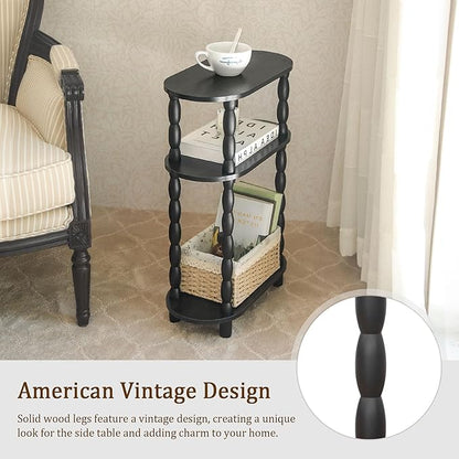 MaxSmeo Small End Table Set of 2, 3-Tier Narrow Side Table Bedroom Set of 2 with Storage, Skinny Side Table Nightstand for Small Space, Bedrooms, Living Room (Black)
