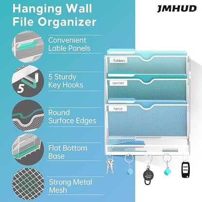Wall File Organizer - Hanging File Organizer with 5 Hooks, Mail Holder Wall Mounted for Papers, Folders, Magazines, Bills, 4 Tier Office&School Organization, White