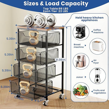 Goovilla Kitchen Cart with Drawers, 4 Tier Metal Rolling Utility Cart Organizer on Lockable Wheels with Wooden Top, Black Fruit Vegetable Storage Rack Also for Cans, Snack, Craft, Art, Office, Beauty