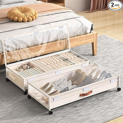 Under Bed Storage Containers with Wheels Large Underbed Shoes Blankets Clothes Toy Storage Drawers for College Dorms Bedrooms Nursery Rooms Organization (White 2 Pack, 7.5in height(36"x16.6"x7.48"))