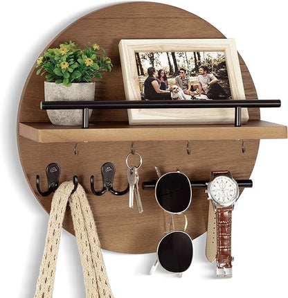 Key Holder for Wall Decorative with Shelf and Hooks, Mail Organizer Wall Mount with Sunglasses Holder, Circular Design Entryway Key Rack Hanger, Rustic Home Decor
