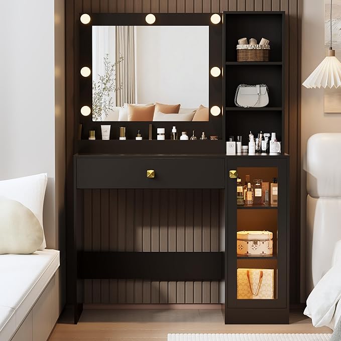 Black Makeup Vanity with Mirror and Lights, 34'' Wide Dressing Table with Charging Station & RGB Glass Cabinet, Small Vanity Desk with 3 Color Lighting Modes & Adjustable Brightness