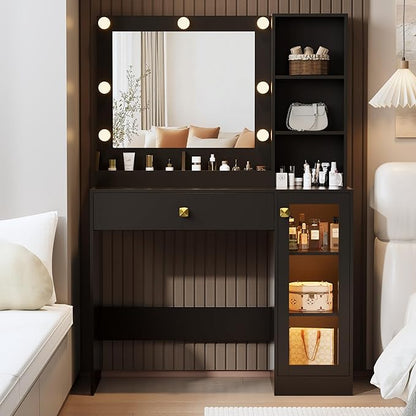 Black Makeup Vanity with Mirror and Lights, 34'' Wide Dressing Table with Charging Station & RGB Glass Cabinet, Small Vanity Desk with 3 Color Lighting Modes & Adjustable Brightness