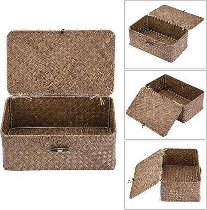 Sumnacon Small Wicker Basket with Lid Rectangle Woven Baskets for Toiletries Tampon Storage,Wicker Storage Basket with Lid,Decorative Seagrass Storage Baskets for Shelf Bathroom Toilet Table,Coffee