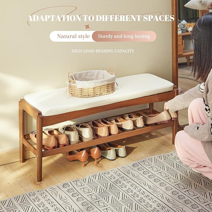 Shoe Rack Bench Entryway Bamboo Shoe Storage Bench with Leather Cushion 2 Tiers Shoe Rack Entryway Bench for Hallway, Living Room,Bedroom(Beige Bench top+Brown Frame)