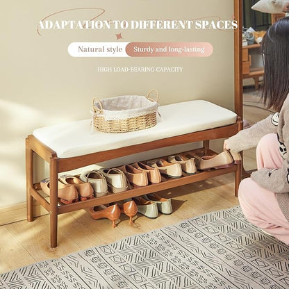 Shoe Rack Bench Entryway Bamboo Shoe Storage Bench with Leather Cushion 2 Tiers Shoe Rack Entryway Bench for Hallway, Living Room,Bedroom(Beige Bench top+Brown Frame)
