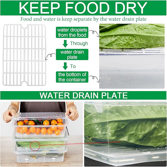 Meanplan 12 Packs Food Storage Containers for Fridge Plastic Refrigerator Organizers with Removable Drain Plate and Lid Stackable Produce Containers to Keep Fruits, Vegetables, Meat
