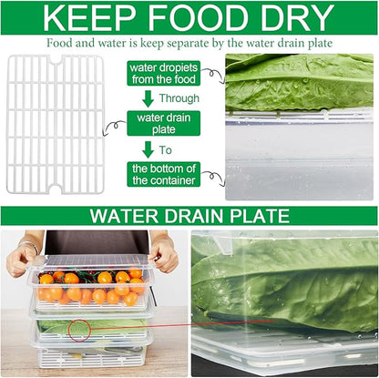 Meanplan 12 Packs Food Storage Containers for Fridge Plastic Refrigerator Organizers with Removable Drain Plate and Lid Stackable Produce Containers to Keep Fruits, Vegetables, Meat