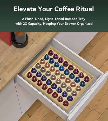 for Nespresso Original Capsules - Bamboo Coffee Pod Storage for Counter Drawer Insert - 48 Capsules Organizer (14.3” x 11” x 1.57”)