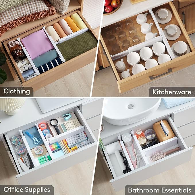 Lifewit 10 Pack Upgrade Drawer Dividers for Clothes, 4" High 11-17" Adjustable Dresser Drawer Organizers, Expandable White Plastic Drawer Separators for Kitchen, Nursery, Office Organization & Storage