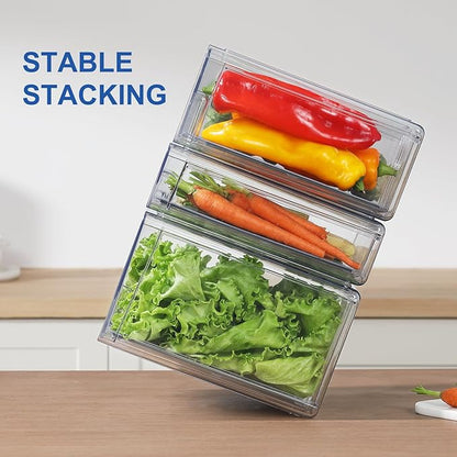 Pull Out Clear Fridge Organizer Drawers with Drainer, Refrigerator Stackable Storage Bins for Kitchen Fruit & Veggie Organization (Complete Set)