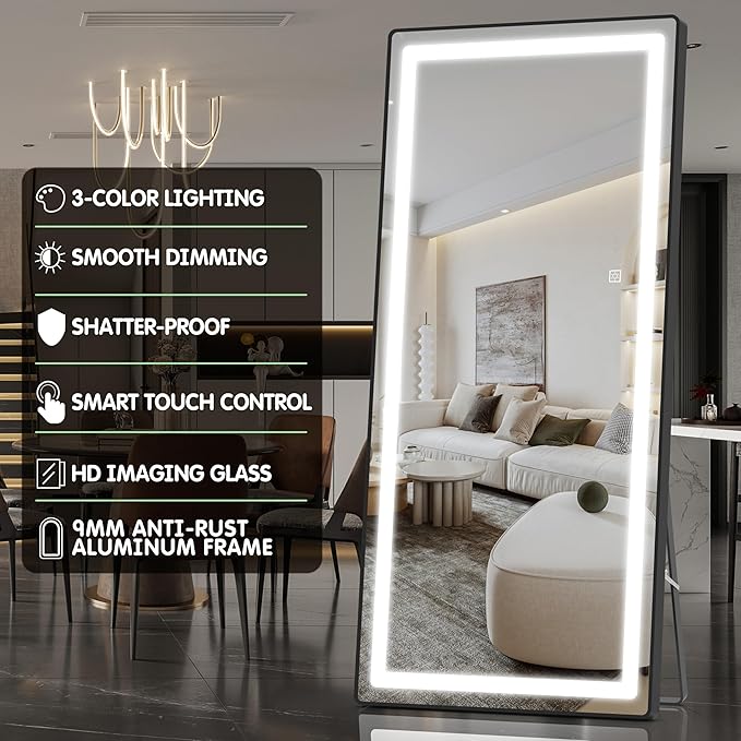 FENNIO Full Length Mirror with Lights, 80" x 36" LED Full Body Mirror, Wall Mounted Hanging Mirror with Lights for Bedroom, Salon, Dimmable & 3 Color Lighting, Tempered Glass