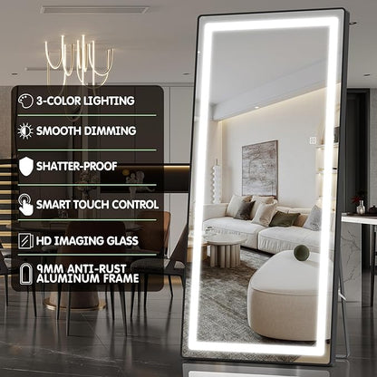FENNIO Full Length Mirror with Lights, 80" x 36" LED Full Body Mirror, Wall Mounted Hanging Mirror with Lights for Bedroom, Salon, Dimmable & 3 Color Lighting, Tempered Glass