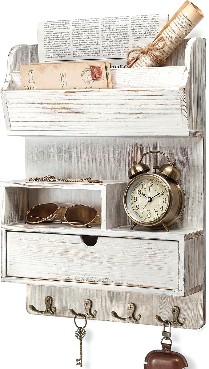 Rebee Vision Pine Wood Key Holder Wall Mount for Home Decor– Farmhouse Key Holder with Shelf & Drawer for Small Essentials – Ideal Retro Apartment Essentials for Home Decor (Whitewash)
