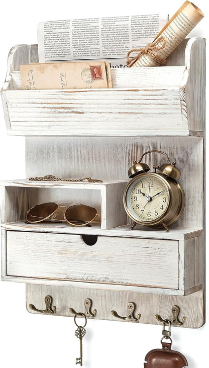 Rebee Vision Pine Wood Key Holder Wall Mount for Home Decor– Farmhouse Key Holder with Shelf & Drawer for Small Essentials – Ideal Retro Apartment Essentials for Home Decor (Whitewash)