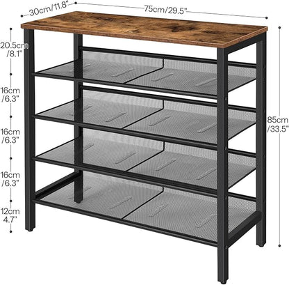 HOOBRO Shoe Rack, 5-Tier Shoe Storage Unit Flat & Slant Adjustable Shoe Organizer Shelf for 16 Pairs, Durable and Stable, for Entryway, Hallway, Closet, Dorm Room, Industrial, Rustic Brown BF01XJ01
